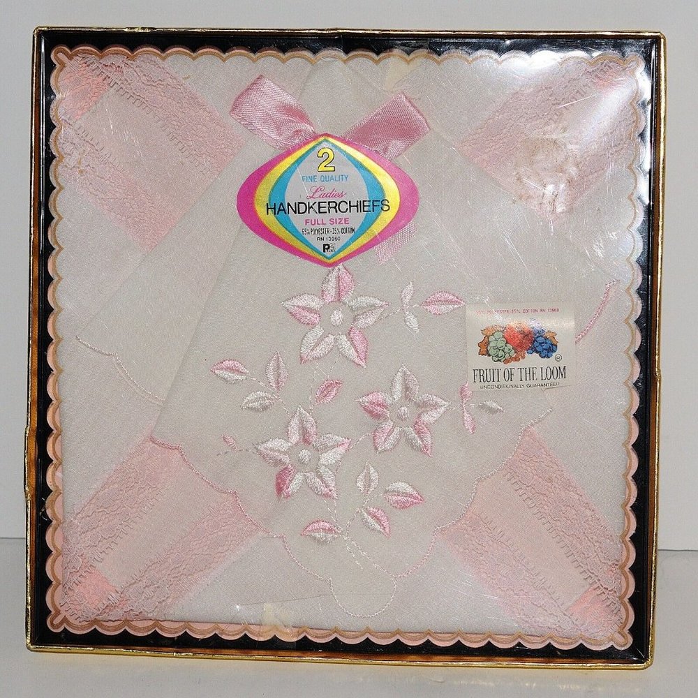 2 Fine Quality Ladies Handkerchiefs New in Package Full Size Fruit of the Loom